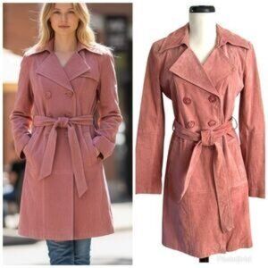 NWT Soft Blush Pink Suede Double Breasted Trench Coat Leather Luxe Designer City